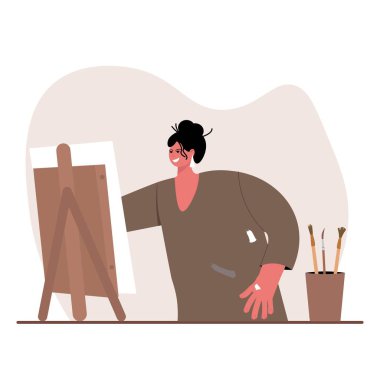 Resim, çizim ve sanat konsepti. Genç gülümseyen kadın ressam tuvale resim çizerken yaratıcı vektör çizimi yapıyor..