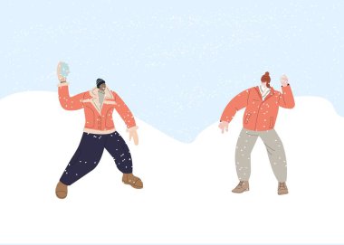 Birkaç kişi kış kar manzarası illüstrasyonunda kartopu oyunu oynuyor. Çizgi film arkadaşı karakterler dışarıda oynuyor, soğuk havanın tadını çıkarıyorlar. Kış sağlıklı aktivite konsepti.