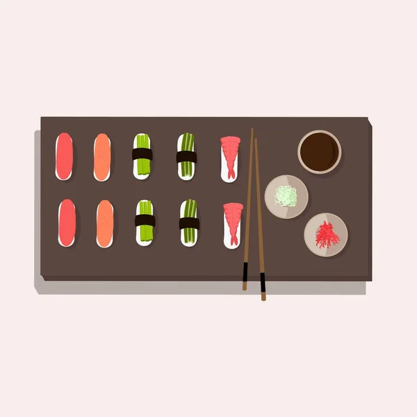 Японская Национальная Кухня Суши Соевым Соусом Имбирь Приправы Палочками — стоковый вектор