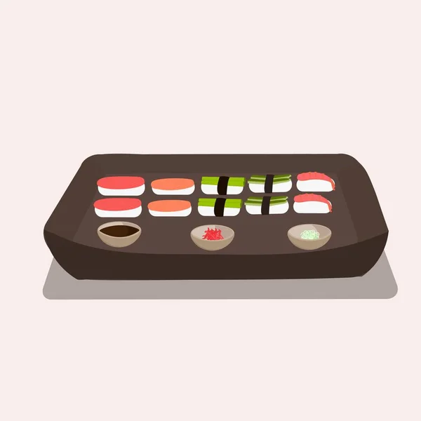 Японская Национальная Кухня Суши Соевым Соусом Имбирь Приправы Палочками — стоковый вектор