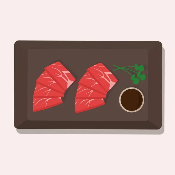 Japanese National Cuisine Shabu Shabu Plate Soy Sauce Vector Illustration — Stock Vector