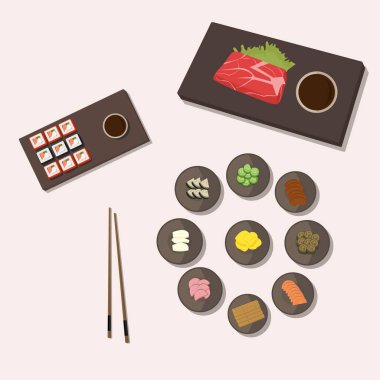 Japon ulusal mutfağının vektör çizimi, shabu-shabu ve sushi, kobe bifteği ve tsukemono