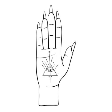 Hand-drawn vector illustration of a hand with an esoteric symbol of the eye on the palm of the hand.