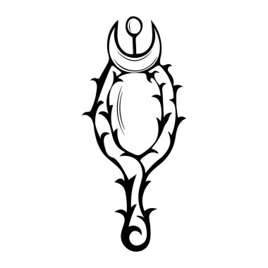 Üzerinde hilal olan sihirli bir aynanın siyah-beyaz çizim şekli..