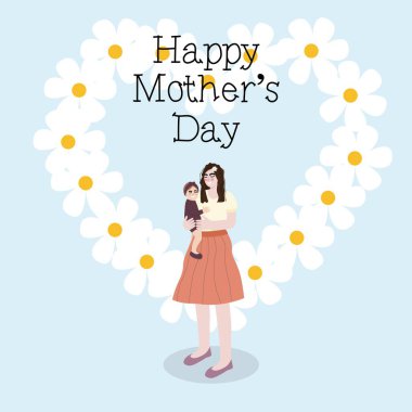 Mutlu anneler günü vektör illüstrasyonu. Anne kızını kollarına aldı..