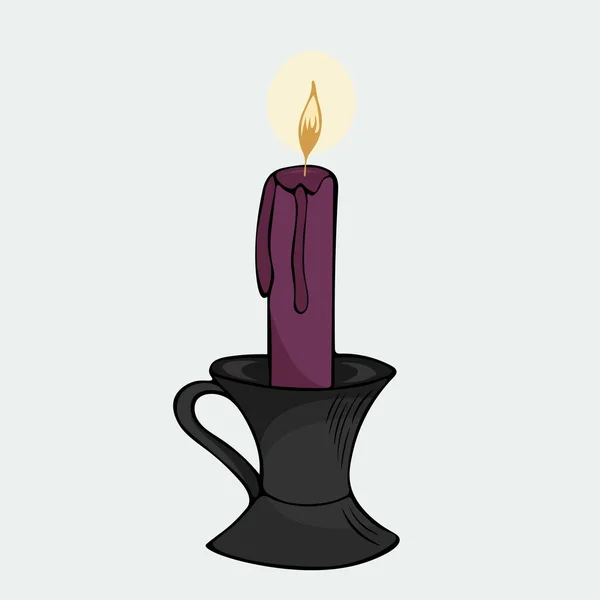 黒のキャンドルスティックで手描きの燃える紫色のキャンドルのベクトルイラスト — ストックベクタ