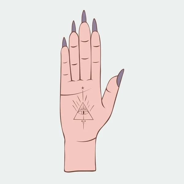 Ilustração Vetorial Desenhada Mão Uma Mão Com Símbolo Esotérico Olho — Vetor de Stock