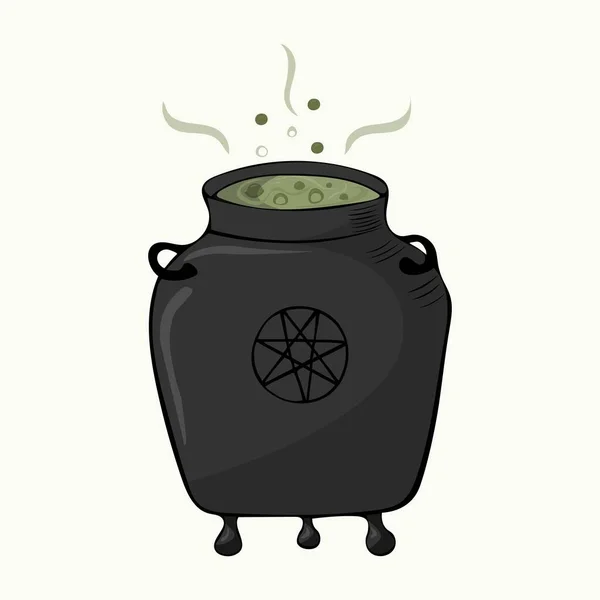 緑のポーションと泡と手描きの魔女の釜のベクトルイラスト — ストックベクタ