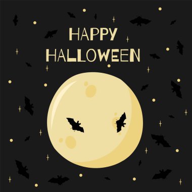 Mutlu Cadılar Bayramı 'nın vektör illüstrasyonu bir pankart ya da tebrik kartı olarak kullanılabilir. Ay ve yarasalar karanlık bir arkaplanda
