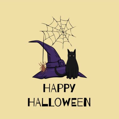 Vector Halloween illustration for a poster or greeting card. A witch hat, a cat and spider web on a yellow background. clipart