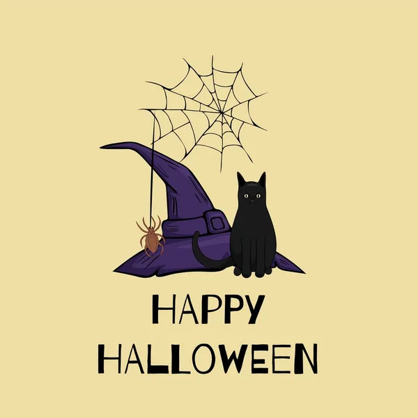 Vector Halloween Illustrasjon Plakat Eller Gratulasjonskort Hekshatt Katt Edderkoppnett Gul – stockvektor