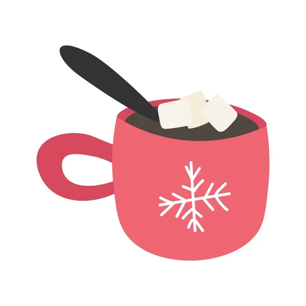 Tazza Cioccolata Calda Con Marshmallow Rosso Con Ornamento Fiocco Neve — Vettoriale Stock