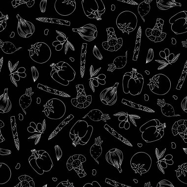 Siyah üzerine sebze deseni. Elle çizilmiş karalama vektörü kusursuz sebze deseni, sağlıklı beslenme metaforu.