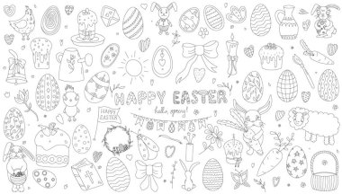 Sevimli Paskalya siyah beyaz unsurları koleksiyonu. Tavşan, civciv, yumurta, sepet ve laleler. Vektör illüstrasyonu.