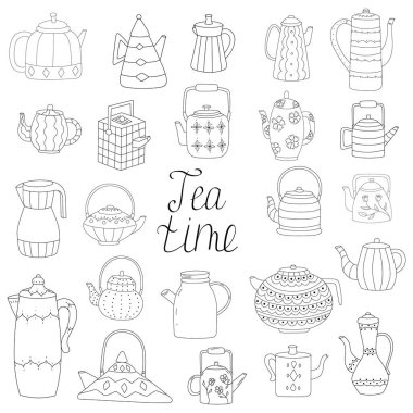 Çaydanlıklar, çaydanlıklar. El çizimi çizimi mutfak araçları