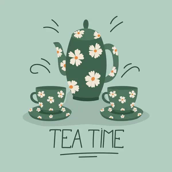 Tea Time Card Design Green Teapot Two Cups Vector Illustration — Stock Vector