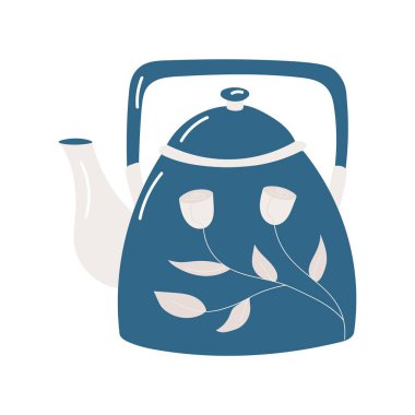 Beyaz arka planda çiçekli güzel mavi çaydanlık