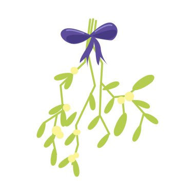 Ökseotu. Beyaz üzerine izole edilmiş böğürtlen ve menekşe yaylı ökse otu filizlerinin vektör çizimi.