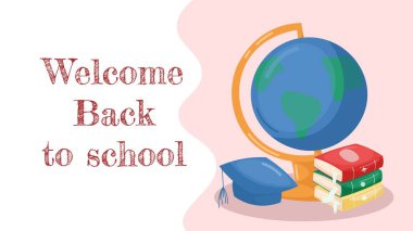 Çocuklar için okul posteri. Okula dönelim. Broşürünüz, şablonunuz, postanız, işiniz için kullanılabilir