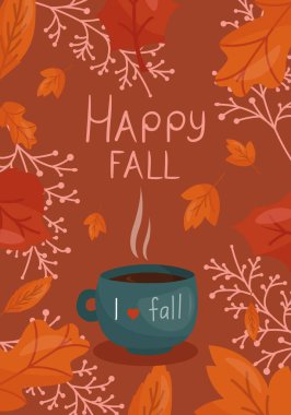 Mutlu sonbahar kartpostalları, kahverengi arka planda kahve ve yapraklı posterler.