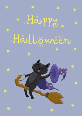 Mutlu Cadılar Bayramı kartları. Bir kedi yıldızlı mavi bir arka planda süpürgede oturur. Kart, kartpostal, afiş, poster için