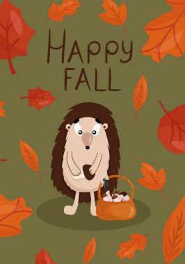 Mutlu sonbahar kartpostalları, afişler. Kirpi yeşil arka planda yaprakları olan bir mantar tutar..