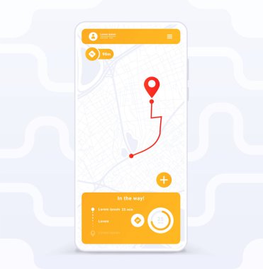 Ekspres yemek servisi. Navigasyon, konum ve güzergah haritası, sipariş izleme servisi. Program ve uygulamalar için arayüz. UI ve UX tasarımı. Çizgi film düz vektör çizimi