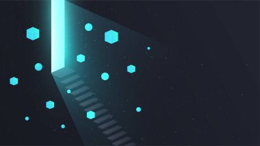 Büyük Işık Kapısı. Yeni fırsatlar ve yenilikler metaforu, fütürist poster veya internet sitesi ve siber alan afişi. Yapay zeka ve programlama. Çizgi film düz vektör çizimi