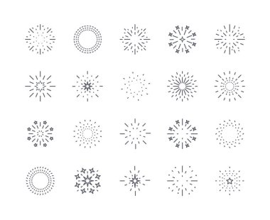 Havai fişek ikonları ayarlandı. Web sitesi, arayüz, yazılım programları ve uygulamalar için grafik elementlerin toplanması. Başarı ve tebrikler, festival ve tatil. Çizgi film düz vektör çizimi