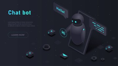 Sohbet robotu selam söylüyor. Yapay zeka, asistan ve yardımcı. Programlama ve siber uzay. Modern teknolojiler ve dijital dünya, cihazlar ve cihazlar. Isometric neon vektör illüstrasyonu