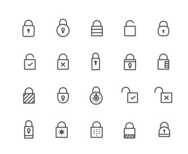 Büyük kilit simgeleri seti. Web sitesi için grafik elementlerin toplanması. İnternet güvenliği, kişisel veri koruma metaforu, güvenlik. Beyaz arkaplanda izole edilmiş çizgi film düz vektör çizimleri