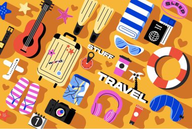 Seyahat malzemeleri. Çantalı çıkartmalar, valizler, güneş gözlükleri, kamera ve turizm ve tatil için diğer eşyalar. Sosyal ağlar için tasarım ögesi. Çizgi film düz vektör illüstrasyon koleksiyonu