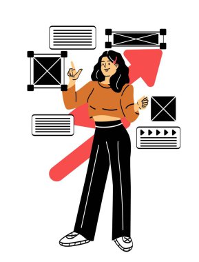 Kariyer gelişimi kavramı. Genç kız grafik tasarımcısı amaca ya da başarıya ulaşmak için profesyonel becerileri geliştirir. Hırslı ya da motive olmuş bir çalışan. Çizgi film düz vektör çizimi