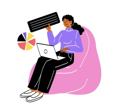 E ticaret ve satış. Dizüstü bilgisayarı olan genç bir kadın çevrimiçi mağazaya yorum bırakıyor ve ürüne geri bildirim veriyor. Uzaktan alışveriş ya da alımlar. Çizgi film düz vektör çizimi