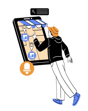 E ticaret ve satış kavramı. Genç erkek müşteri veya çevrimiçi mağaza uygulaması kullanıcısı ürünlerin teslimatı için yeri belirtir. Uzaktan alışveriş. Çizgi film düz vektör çizimi