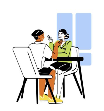 İşe alma ve adam alma konsepti. Genç, gülümseyen kadın İK yöneticisi boşalan adaylarla iletişim kuruyor. Mülakatta çalışan. İş araması. Çizgi film düz vektör çizimi