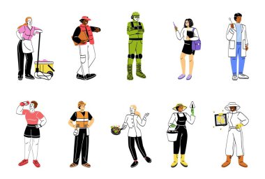 Farklı endüstrilerde çalışan bir grup insan. Farklı mesleklerden karakterler. Doktor, kurye, temizlikçi, asker, öğretmen, şef ve bahçıvan. Çizgi film düz vektör koleksiyonu beyaz üzerine izole edildi