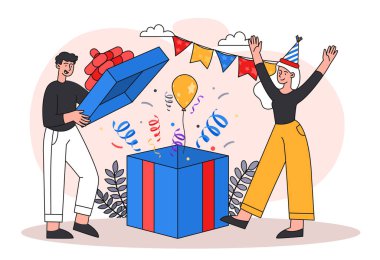 İyi ki doğdun. Erkek ve kız büyük bir hediye kutusu açıyor. Karakter arkadaşına hediye verir. Parti, eğlence ve etkinlik, disko. Tatil ve festival. İlgi ve sevgi. Çizgi film düz vektör çizimi