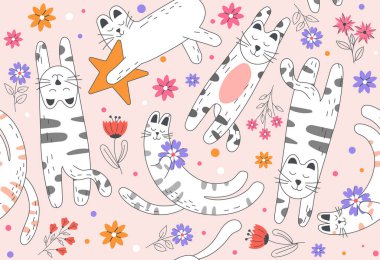 Kediler ve çiçekler pürüzsüz desen. Kumaş üzerine baskı yapmak için tasarım ögesi tekrarlanıyor. Flora ve Fauna, hayvanlar ve bitkiler. Romantik hediye kartı dizaynı. Sevgililer Günü. Çizgi film düz vektör çizimi