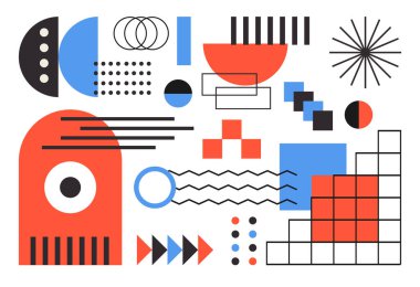 Geometrik şekiller ayarlandı. Soyut geometrik şekillerin toplanması. Modern teknolojiler ve dijital dünya. Minimalist moda tasarımı. Web sitesi afişi ya da afişi. Çizgi film düz vektör çizimi