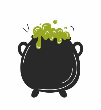 Cadılar Bayramı zehri kazanda. Büyücülük ve büyücülük. Mistisizm, hayal gücü ve fantezi. Web sitesi, poster veya afiş için grafiksel öge. İksir ve tehlikeli sıvı. Çizgi film düz vektör çizimi