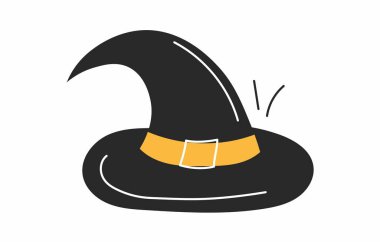 Cadılar Bayramı cadı şapkası ikonu. Büyü, fantezi, büyü ve büyücülük. Kurgusal karakterin peri masalı öğesi. Sosyal ağlar ve kuryeler için etiket. Çizgi film düz vektör çizimi