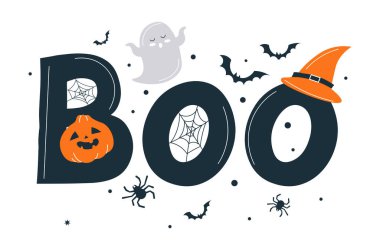 Cadılar Bayramı tabelası. Büyücü şapkası ve balkabağı ile süslenmiş büyük harfler. Poster ya da afiş. Korku ve dehşetin sembolleri, kara yarasalar ve örümcek ağlı örümcekler. Çizgi film düz vektör çizimi