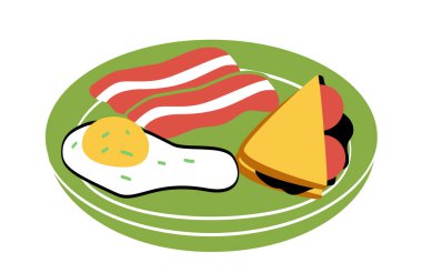 Pastırmalı omlet. Sağlıklı yemek ve kahvaltı, ritüeller ve gelenekler. Web sitesi afişi ya da afişi. Restoran veya kafe menüsü. Proteinler, karbonhidratlar, vitaminler. Çizgi film düz vektör çizimi