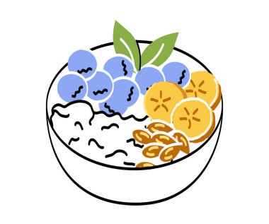 Meyveli sütlü lapa. Yulaf ezmesi veya yaban mersinli süzme peynir, muz ve fındık. Vejetaryen diyeti, sağlıklı yemek ve beslenme. Vitaminler ve eser elementler. Çizgi film düz vektör çizimi