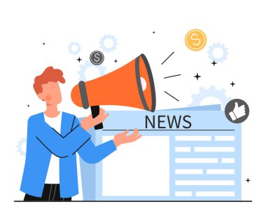 Gazete kavramı. Hoparlörlü adam haberlerin arka planında duruyor. İlginç içerik üretimi, kitlesel medya metaforu. Bilgi ve bilgi. Çizgi film düz vektör çizimi