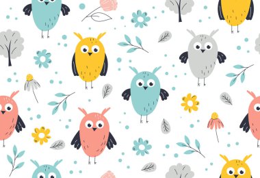 Baykuşlar kusursuz desen. Kumaş üzerine baskı yapmak için tasarım ögesi tekrarlanıyor. Kuşlar ve hayvanlar, çiçekli orman sakini. Flora ve Fauna. Web sitesi afişi ya da afişi. Çizgi film düz vektör çizimi