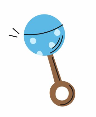 Parlak mavi çıngırak. Bebekleri eğlendirmek için tahta sopanın üzerinde gevşek nesneler olan top. Boş zaman ve eğlence için. Dinlenme ve çocukluk. Web sitesi afişi ya da afişi. Çizgi film düz vektör çizimi