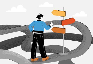 Yol seçimi konsepti. Yol tabelasının önündeki adam karar verir. Bilgilerin değerlendirilmesi, gelecek için hedefler ve vizyon belirlenmesi. Liderlik ve motivasyon mecazı. Çizgi film düz vektör çizimi