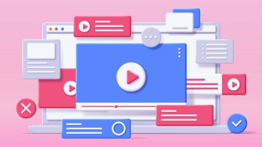 Web 3D 'deki video. Programlar, yazılımlar ve uygulamalar için arayüz, modern teknolojiler ve dijital dünya. Web sitesi için grafiksel öğeler. Şablon, tasarım ve maket. Çizgi film vektör illüstrasyonu